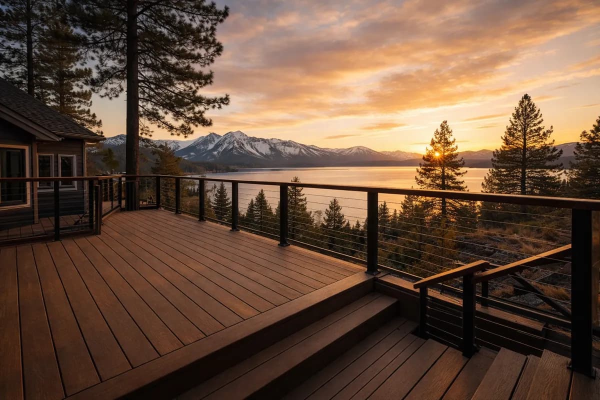Finished custom deck overlooking Lake Tahoe at sunset